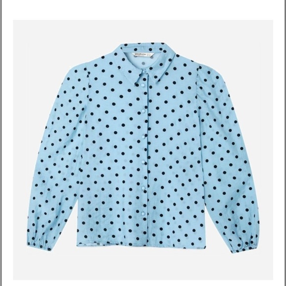 Stradivarius Light Blue Puff Sleeve Polka Dot Button Down Shirt- size S- EUC - Picture 2 of 10